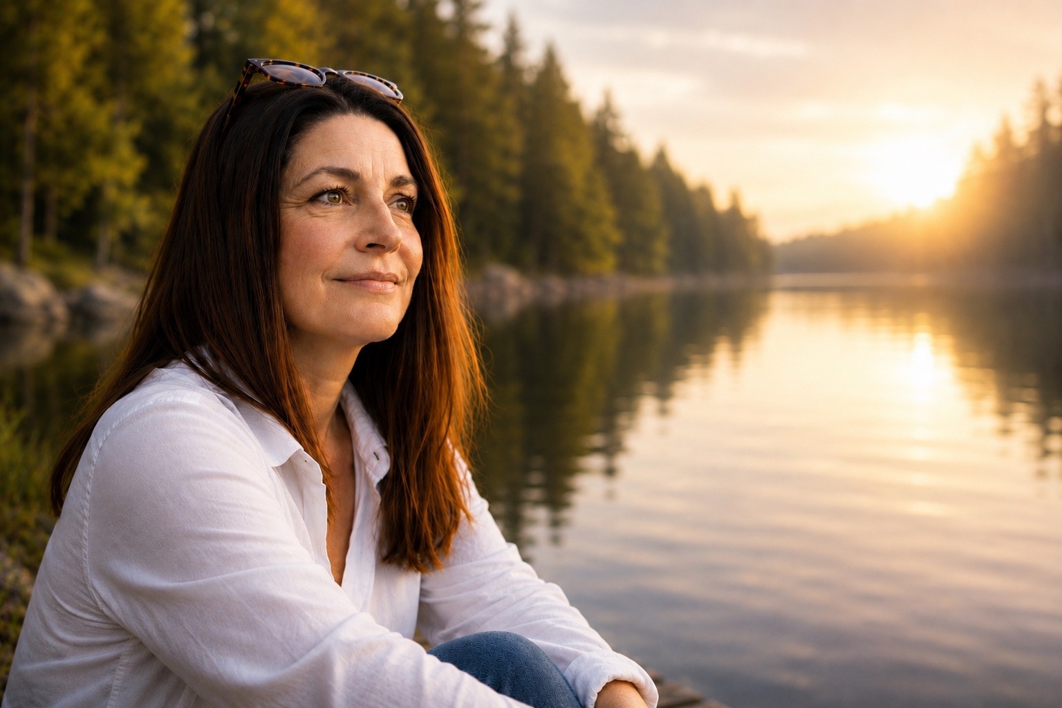 Contemplation by the lake at sunset